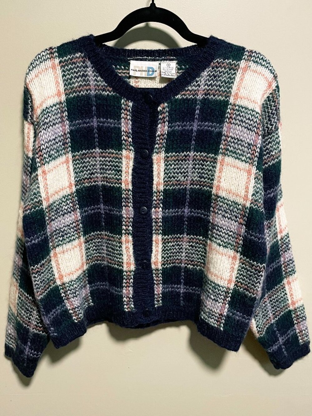 EUC Vintage Mohair Blend Plaid Cardigan Paul Harris Cream Navy Small